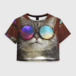 Футболка 3D укороченная женская A Cat with multicolored glasses, цвет: 3D-принт