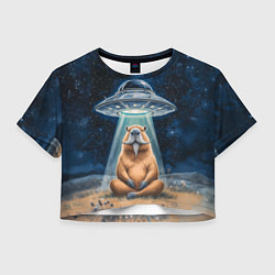 Футболка 3D укороченная женская Нло похищает капибару сидящую в позе лотоса, цвет: 3D-принт