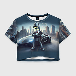 Футболка 3D укороченная женская Крутой Бендер рядом с Ламборджини, цвет: 3D-принт