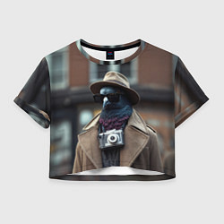 Футболка 3D укороченная женская Голубь шпион с ретро фотокамерой, цвет: 3D-принт