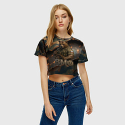 Футболка 3D укороченная женская ВМФ медведь у штурвала на фоне камуфляжа, цвет: 3D-принт — фото 2