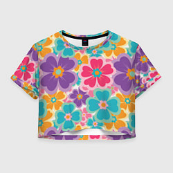 Футболка 3D укороченная женская Яркий цветочный калейдоскоп - узор в стиле ретро, цвет: 3D-принт