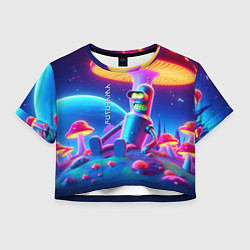 Футболка 3D укороченная женская Робот-сгибальщик Бендер находится под неоновым мух, цвет: 3D-принт