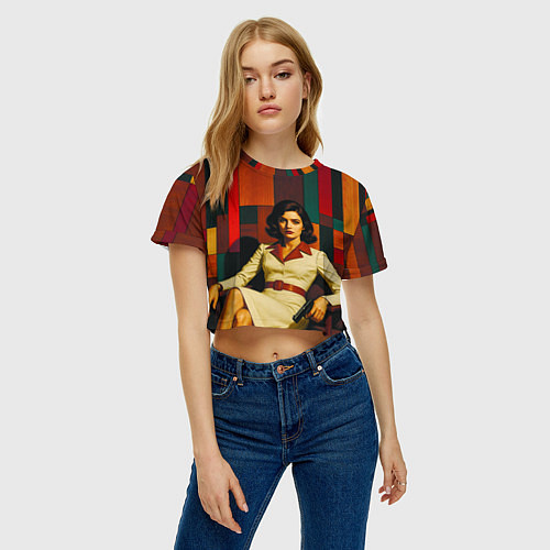 Женский топ Девушка с пистолетом в кресле ретро поп-арт 1970-е / 3D-принт – фото 3