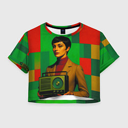 Футболка 3D укороченная женская Девушка с радио ретрофутуризм поп-арт 1970-е, цвет: 3D-принт