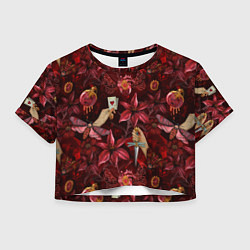 Футболка 3D укороченная женская Бордовая готика с сердцем, лилиями и мотыльками, цвет: 3D-принт