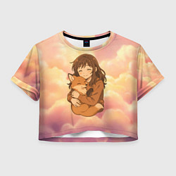 Футболка 3D укороченная женская Девочка обнимает лисичку, цвет: 3D-принт