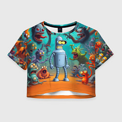 Футболка 3D укороченная женская Робот-сгибальщик Бендер в окружении монстров, цвет: 3D-принт