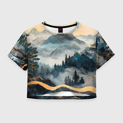 Футболка 3D укороченная женская Японские горы и туман, цвет: 3D-принт