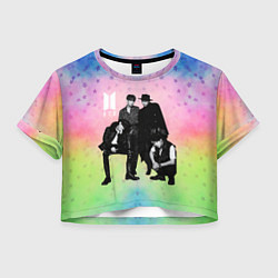 Футболка 3D укороченная женская BTS черно-белый стиль на радужном фоне, цвет: 3D-принт