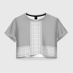 Футболка 3D укороченная женская Славянский узор на сером - вышиванка рубаха, цвет: 3D-принт