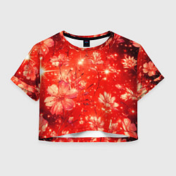 Футболка 3D укороченная женская Цветочный красный с искрами, цвет: 3D-принт