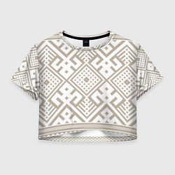 Футболка 3D укороченная женская Славянские узоры в бежевом цвете, цвет: 3D-принт