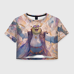 Футболка 3D укороченная женская Шрек на фоне витражей, цвет: 3D-принт