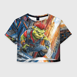 Футболка 3D укороченная женская Панк Шрек облокотился на колено, цвет: 3D-принт