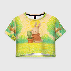 Футболка 3D укороченная женская Заяц обнимает кактус, цвет: 3D-принт
