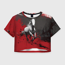 Футболка 3D укороченная женская Белая лошадь - красный фон, цвет: 3D-принт