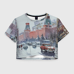 Футболка 3D укороченная женская Старинная Москва - новый год, цвет: 3D-принт