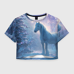 Футболка 3D укороченная женская Белая лошадь на фоне салюта, цвет: 3D-принт