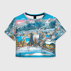 Футболка 3D укороченная женская Новогодняя деревушка в горах, цвет: 3D-принт