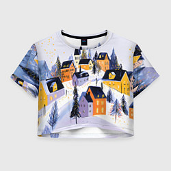 Футболка 3D укороченная женская Новогодние домики на горе, цвет: 3D-принт