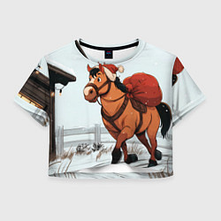 Футболка 3D укороченная женская Лошадка везет новогодние подарки, цвет: 3D-принт
