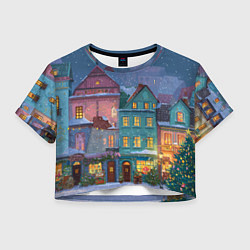 Футболка 3D укороченная женская Новогодний дворик, цвет: 3D-принт