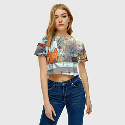 Футболка 3D укороченная женская Милый новогодний дворик, цвет: 3D-принт — фото 2