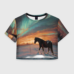 Футболка 3D укороченная женская Лошадь на фоне северного сиянми, цвет: 3D-принт