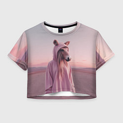 Футболка 3D укороченная женская Лошадка в худи, цвет: 3D-принт