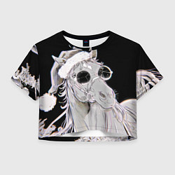 Футболка 3D укороченная женская Новогодняя лошадь в круглых очках, цвет: 3D-принт