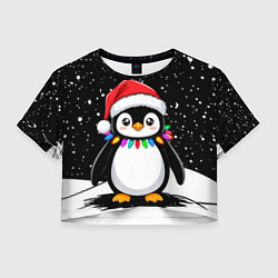 Футболка 3D укороченная женская Пингвин в шапке Санты, цвет: 3D-принт