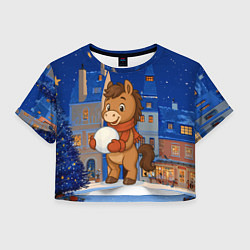 Футболка 3D укороченная женская Лошадка шар из снега, цвет: 3D-принт