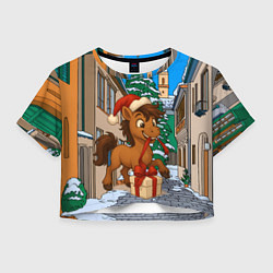 Футболка 3D укороченная женская Лошадка распаковывает новогодний подарок, цвет: 3D-принт