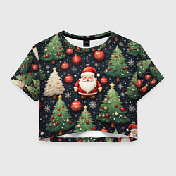 Футболка 3D укороченная женская Новый год паттерн Дед мороз, цвет: 3D-принт