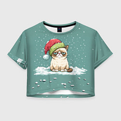Футболка 3D укороченная женская Недовольный новогодний котик, цвет: 3D-принт