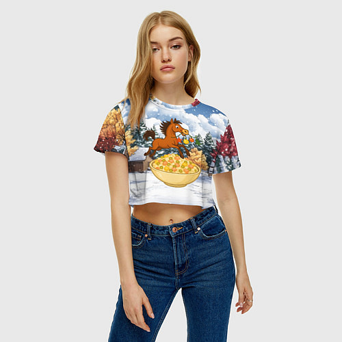 Женский топ Новогодняя лошадка прыгает через оливье / 3D-принт – фото 3