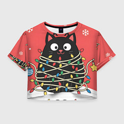Футболка 3D укороченная женская Котик в гирлянде, цвет: 3D-принт