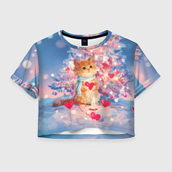 Футболка 3D укороченная женская Милый котенок и новогодняя елка, цвет: 3D-принт