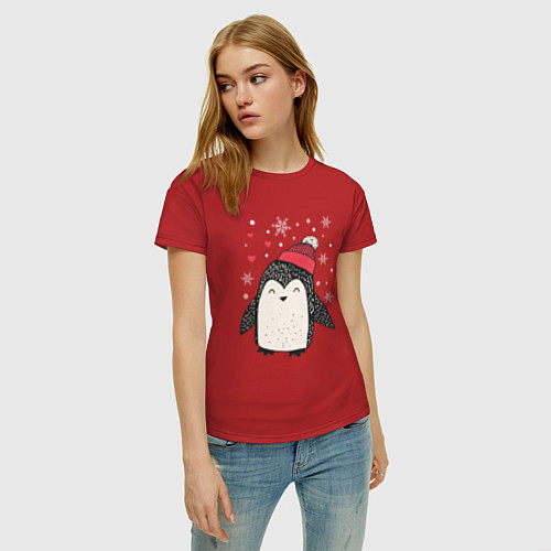 Женская футболка Пингвин в шапке / Красный – фото 3