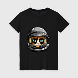 Футболка хлопковая женская Кот космонавт, цвет: черный