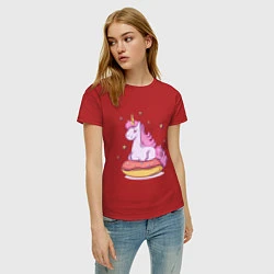 Футболка хлопковая женская Единорог на пончике, цвет: красный — фото 2
