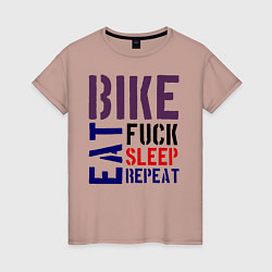 Футболка хлопковая женская Bike eat sleep repeat, цвет: пыльно-розовый