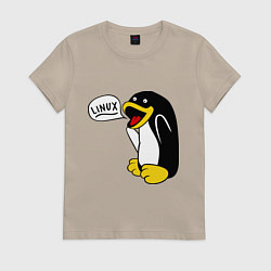 Футболка хлопковая женская Пингвин: Linux, цвет: миндальный