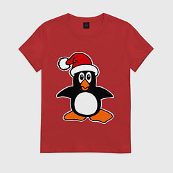 Футболка хлопковая женская Новогодний пингвин, цвет: красный