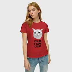Футболка хлопковая женская Грустный котик, цвет: красный — фото 2