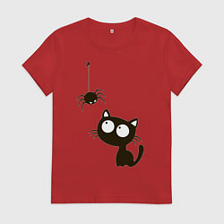 Футболка хлопковая женская Котик и паучек, цвет: красный