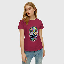 Футболка хлопковая женская Flowers - Art skull, цвет: маджента — фото 2