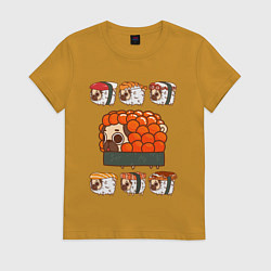 Футболка хлопковая женская Мопс и роллы, цвет: горчичный