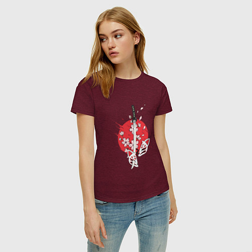 Женская футболка Катана на фоне сакуры Z / Меланж-бордовый – фото 3